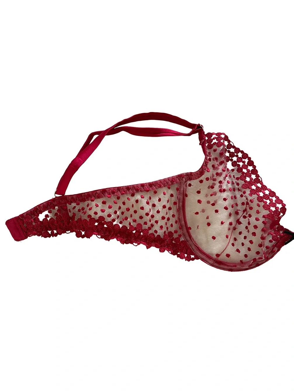 Fleur du Mal Dotty Demi Bra Pop Cherry Red Sheer Mesh 36D